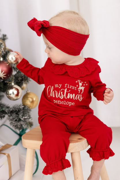 'My First Christmas' embroidered personalised frill collar pyjamas