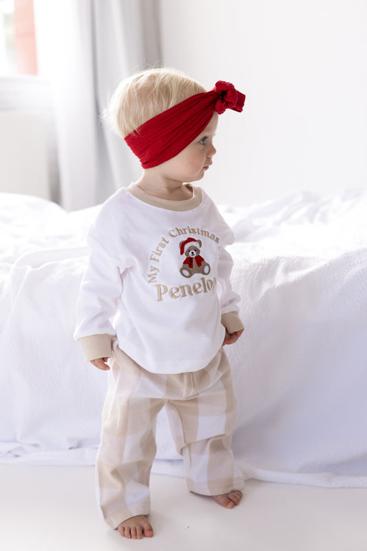 'My First Christmas' embroidered personalised bear checked pyjamas