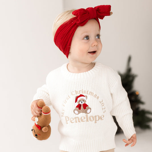 'My First Christmas' Bear Personalised Embroidered knitted jumper