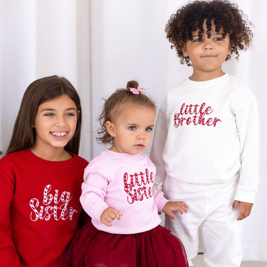 Christmas 'Big/Little Sibling' Embroidered Candy Cane Font Sweatshirt - Sister and Brother Available