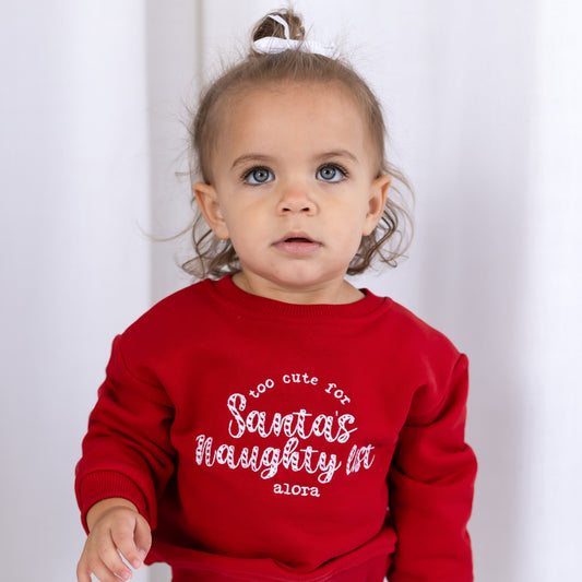 'Too cute for Santa's Naughty List' Christmas Candy Cane Embroidery Sweatshirt