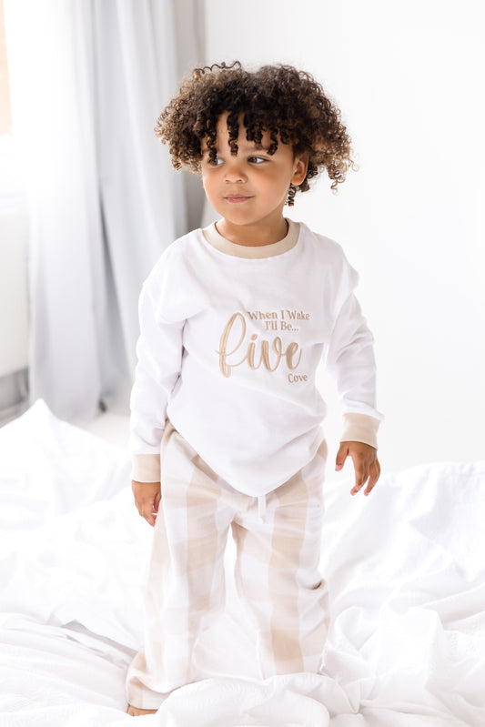 'When i wake' embroidered personalised checked birthday pyjamas
