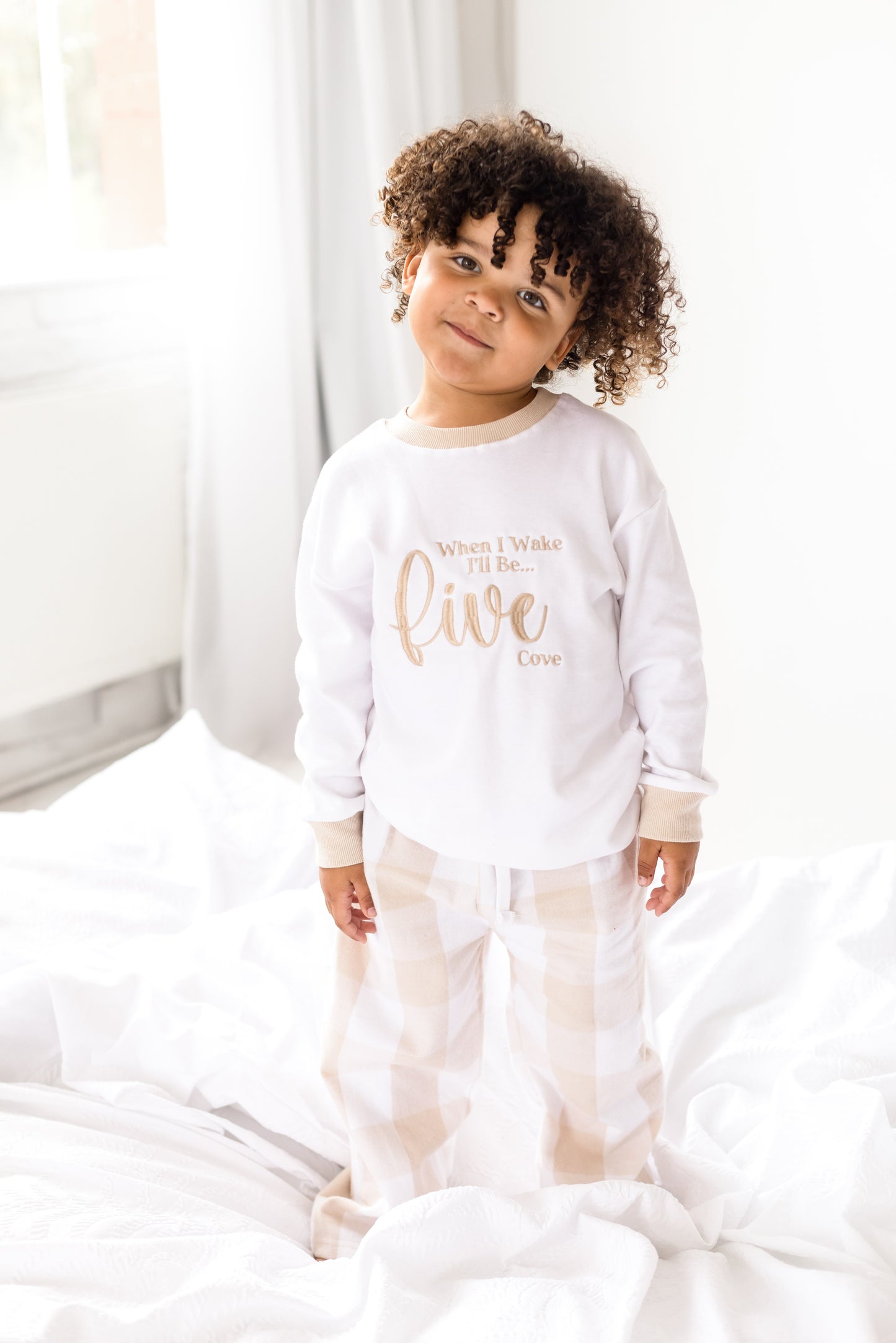 'When i wake' embroidered personalised checked birthday pyjamas