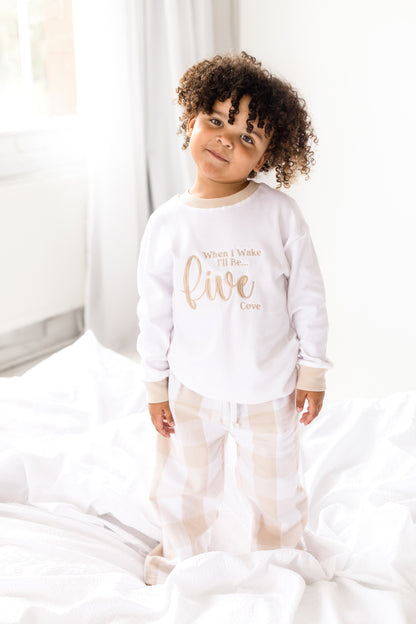 'When i wake' embroidered personalised checked birthday pyjamas