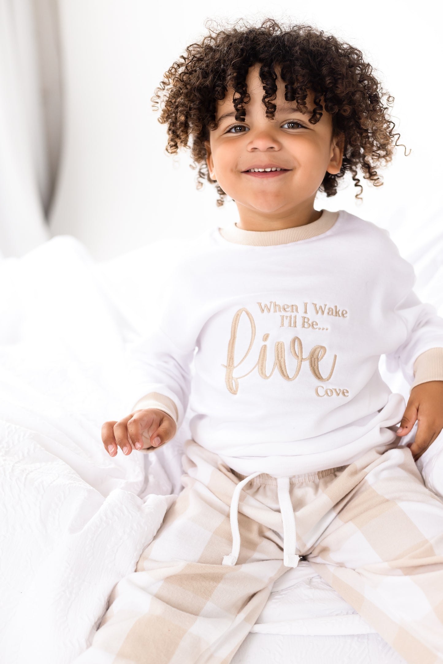 'When i wake' embroidered personalised checked birthday pyjamas