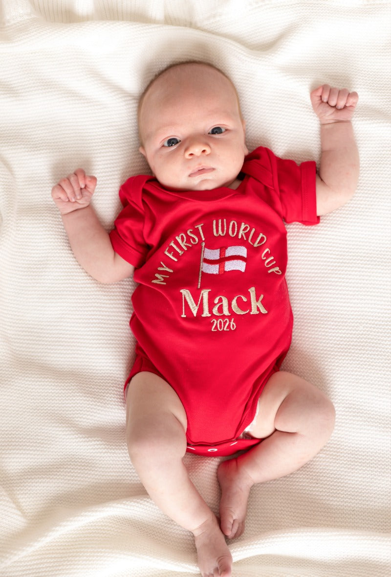 'My First World Cup' personalised embroidered name football babygro