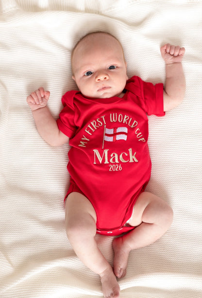 'My First World Cup' personalised embroidered name football babygro