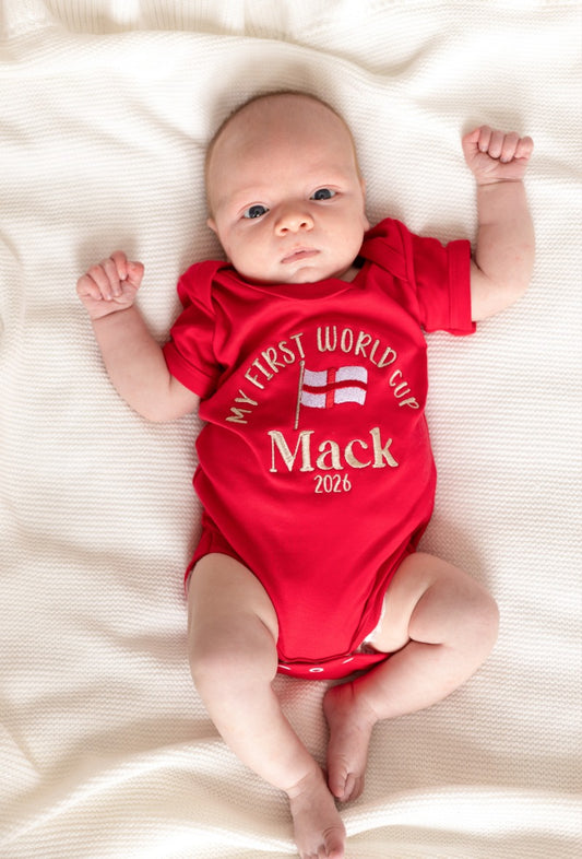 'My First World Cup' personalised embroidered name football babygro