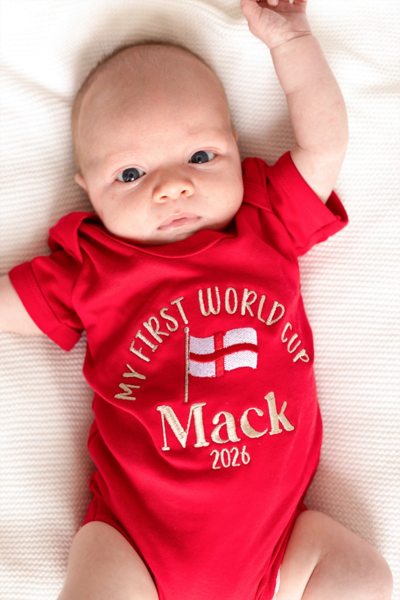 'My First World Cup' personalised embroidered name football babygro