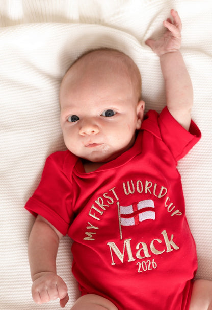 'My First World Cup' personalised embroidered name football babygro
