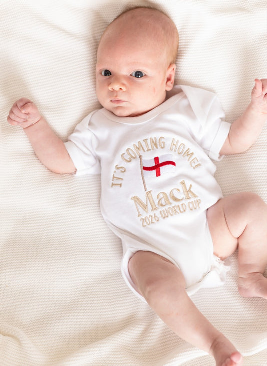 'It's Coming Home!' World Cup 26' personalised name football babygro