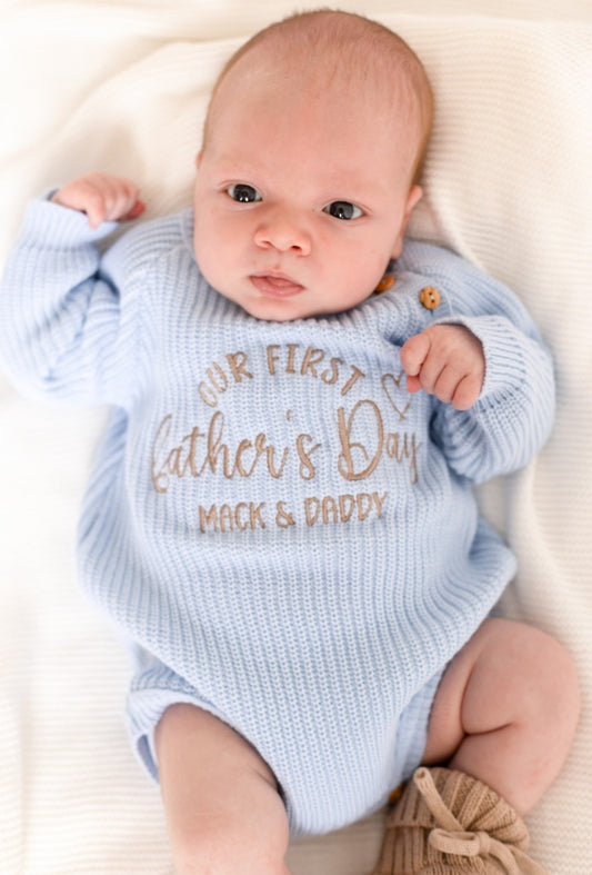 'Our First Father's Day' Embroidered Personalised Knitted Romper