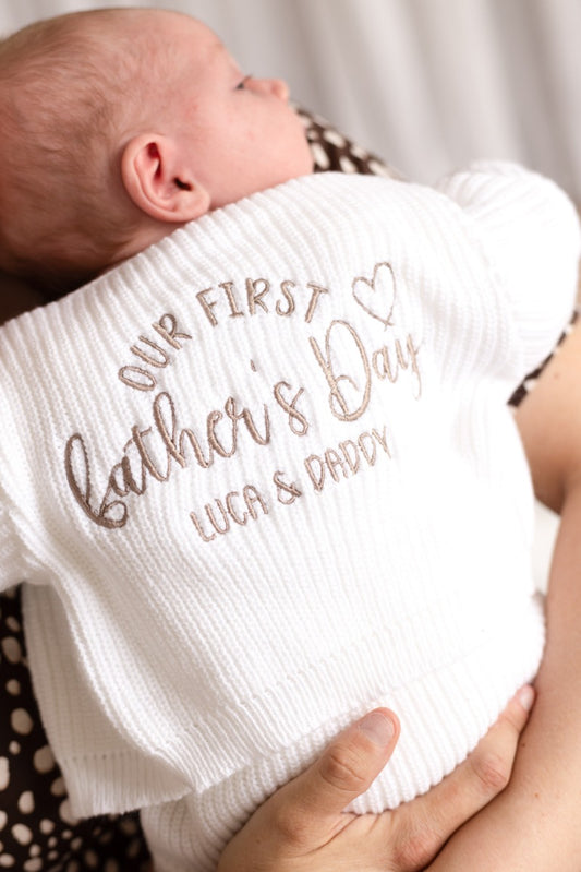 'Our First Father's Day' Embroidered Personalised Baby Cardigan