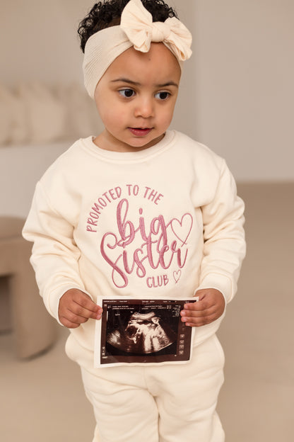 'Promoted to the Big Sister Club' personalised embroidered sweatshirt