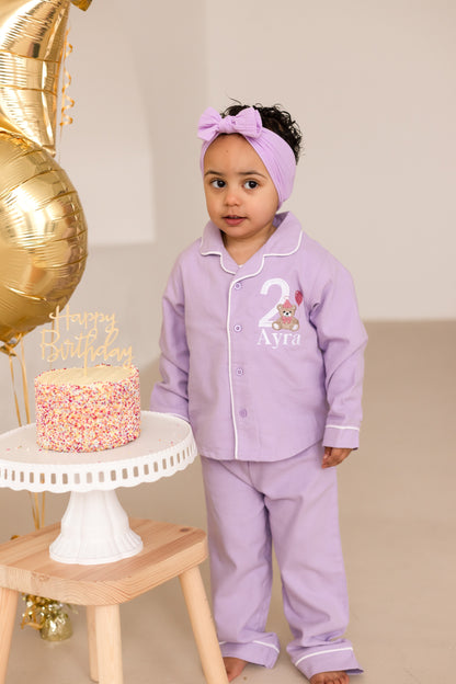 Personalised bear embroidered birthday pyjamas - choice of ages available