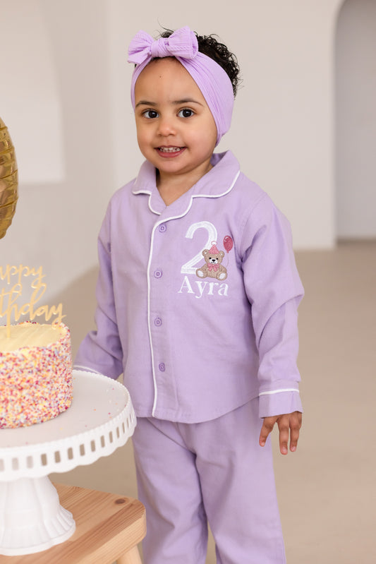 Personalised bear embroidered birthday pyjamas - choice of ages available