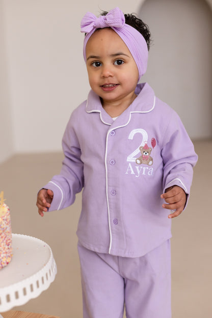 Personalised bear embroidered birthday pyjamas - choice of ages available