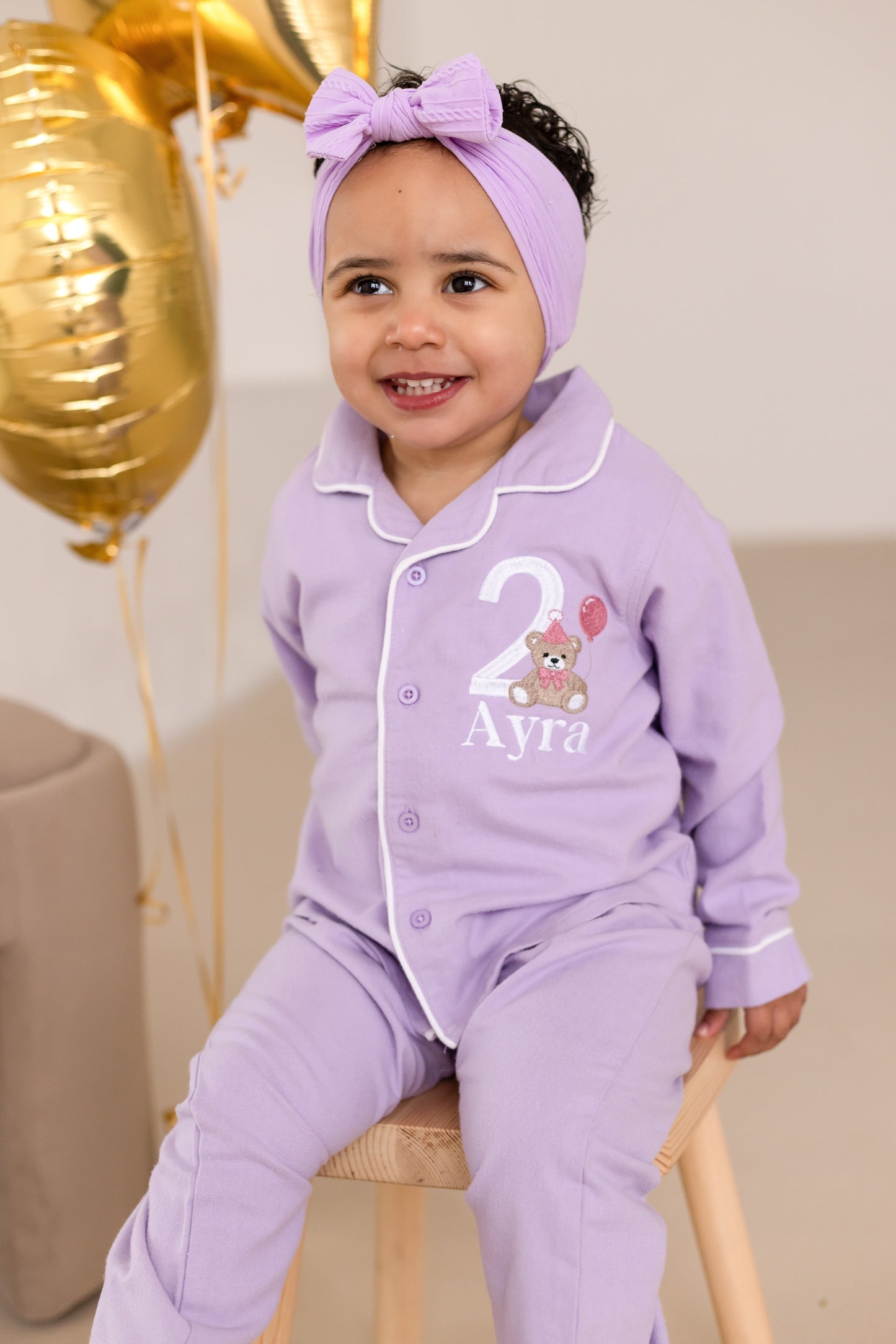 Personalised bear embroidered birthday pyjamas - choice of ages available