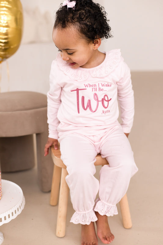 'When i wake' embroidered big number personalised birthday pyjamas