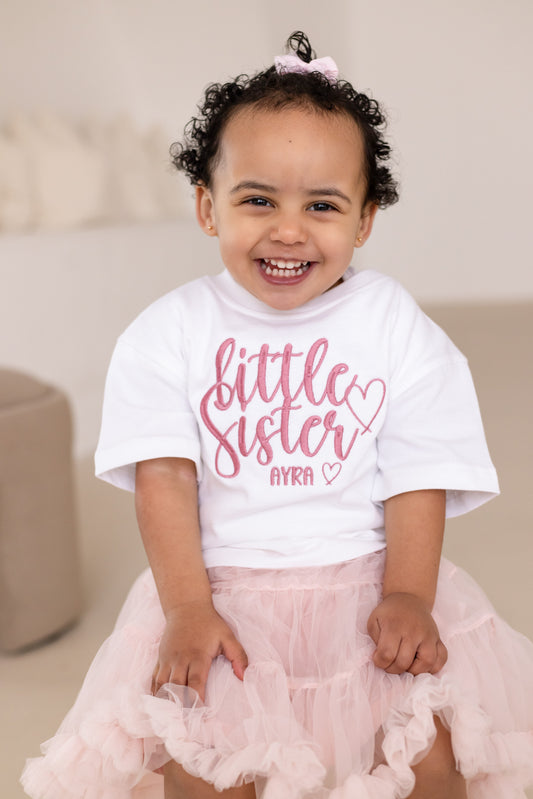 'Big/Little Sister' embroidered heart personalised t shirt