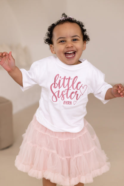 'Big/Little Sister' embroidered heart personalised t shirt