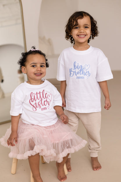 'Big/Little Brother' embroidered heart personalised t shirt