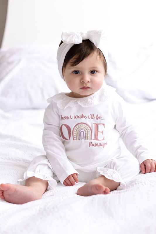 'When I wake i'll be One' Embroidered Personalised Rainbow First Birthday Pyjamas