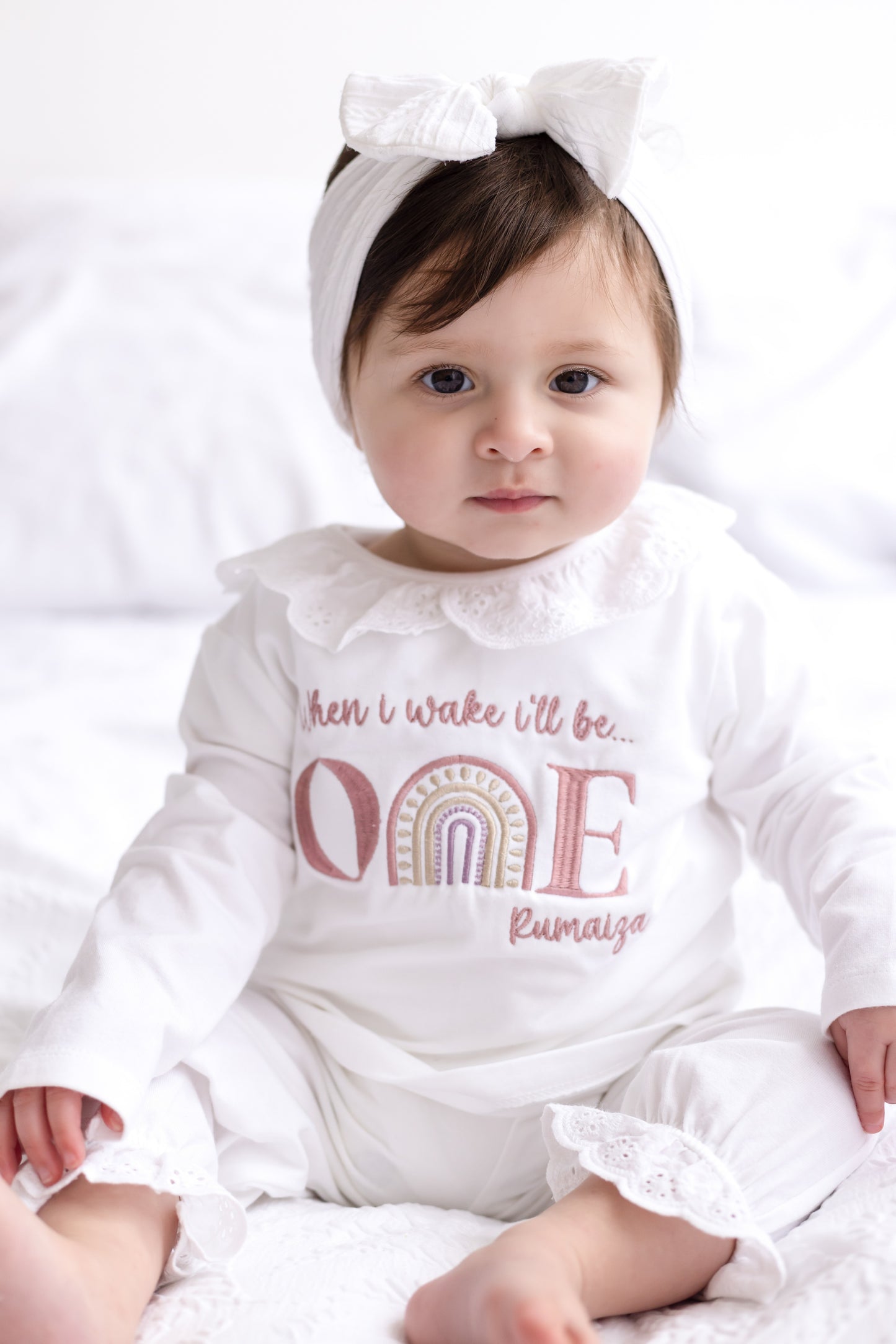 'When I wake i'll be One' Embroidered Personalised Rainbow First Birthday Pyjamas