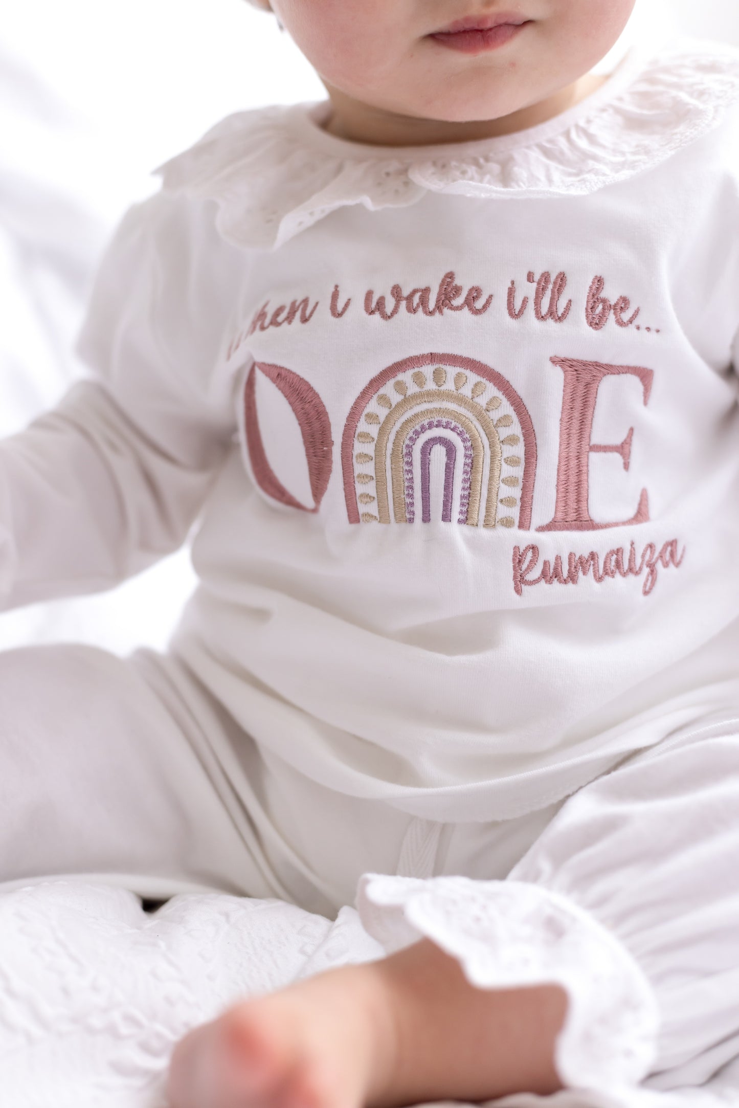 'When I wake i'll be One' Embroidered Personalised Rainbow First Birthday Pyjamas