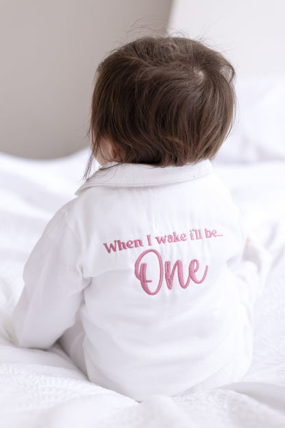 'When i wake' Personalised embroidered front and back birthday pyjamas - choice of ages available