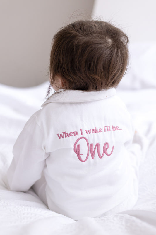 'When i wake' Personalised embroidered front and back birthday pyjamas - choice of ages available