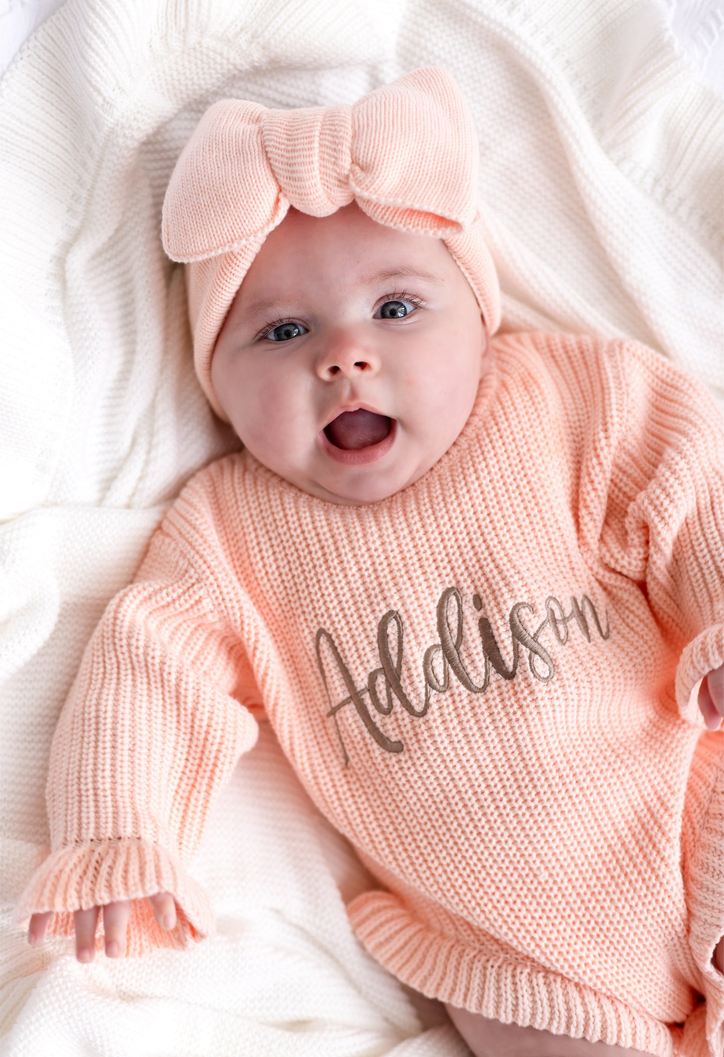 Spring Coral Personalised Embroidered Long Sleeve leg frill Romper