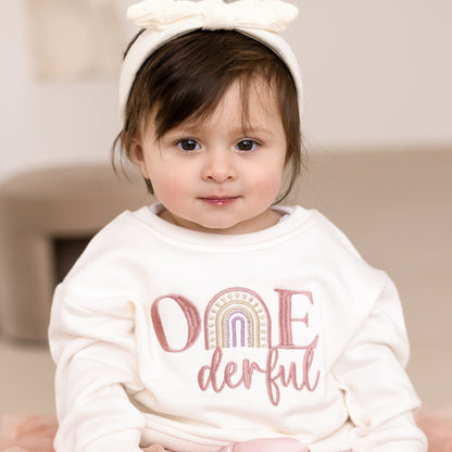 'One-derful' Embroidered Rainbow First Birthday Sweatshirt