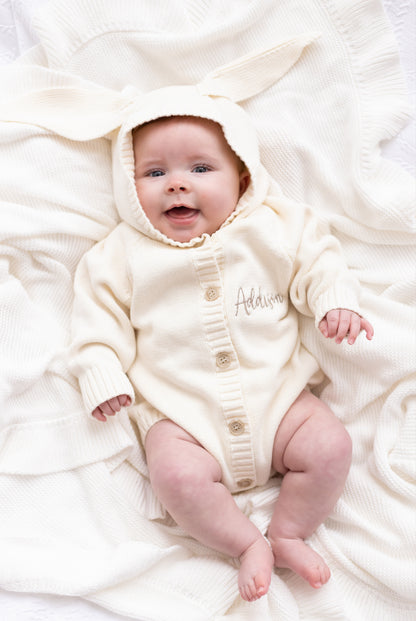 Easter bunny ears embroidered knitted baby romper