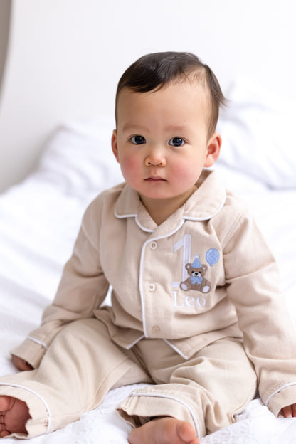 Personalised bear embroidered birthday pyjamas - choice of ages available