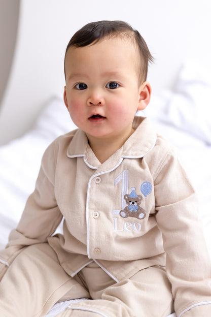 Personalised bear embroidered birthday pyjamas - choice of ages available