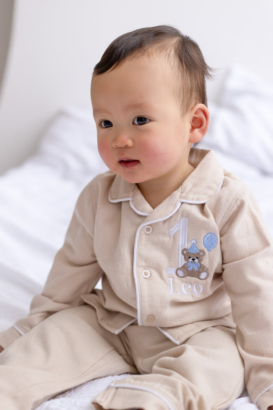 Personalised bear embroidered birthday pyjamas - choice of ages available