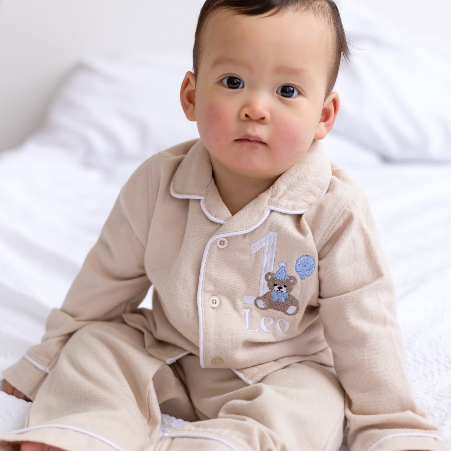 Personalised bear embroidered birthday pyjamas - choice of ages available