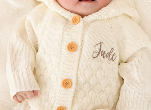 Cream Chunky Knit Personalised Embroidered Long Sleeve Pramsuit with Hood