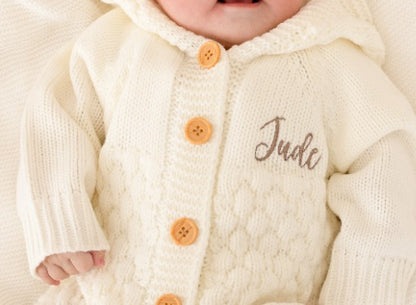Cream Chunky Knit Personalised Embroidered Long Sleeve Pramsuit with Hood