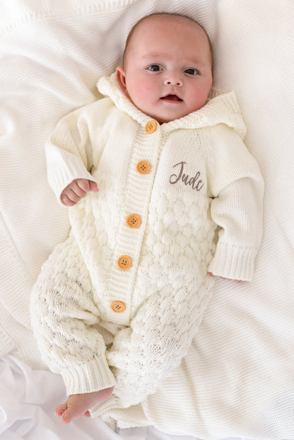 Cream Chunky Knit Personalised Embroidered Long Sleeve Pramsuit with Hood