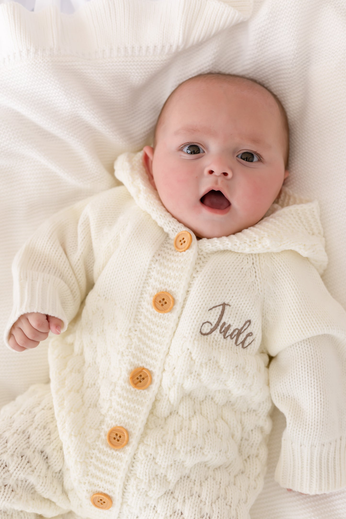 Cream Chunky Knit Personalised Embroidered Long Sleeve Pramsuit with Hood