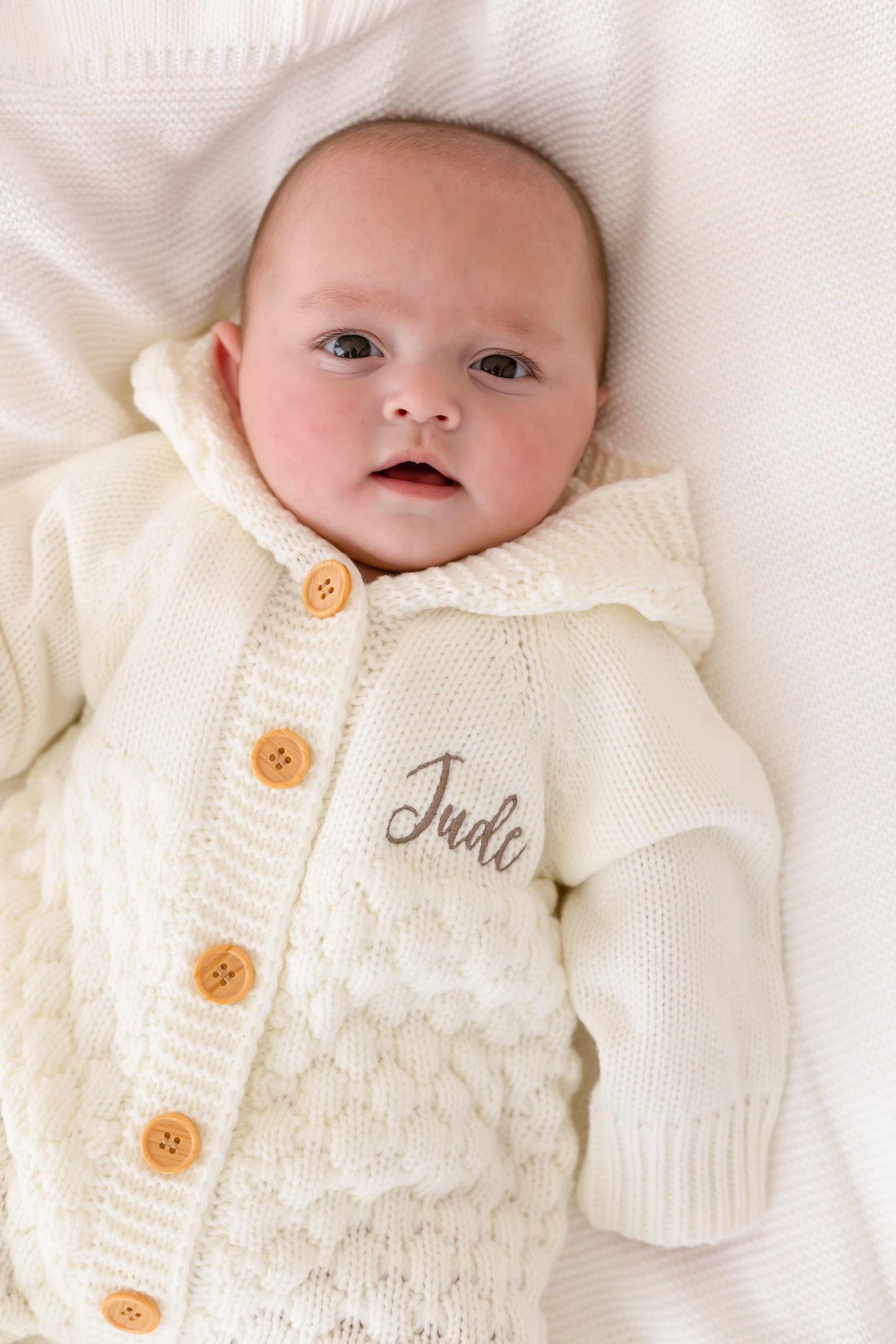 Cream Chunky Knit Personalised Embroidered Long Sleeve Pramsuit with Hood