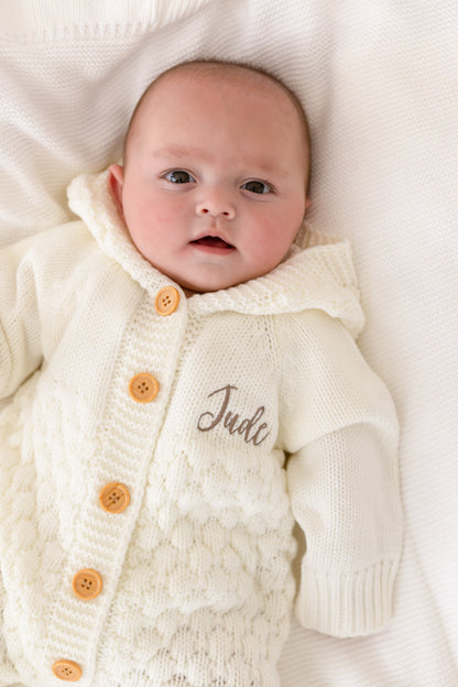 Cream Chunky Knit Personalised Embroidered Long Sleeve Pramsuit with Hood