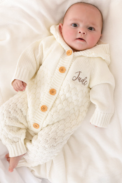 Cream Chunky Knit Personalised Embroidered Long Sleeve Pramsuit with Hood