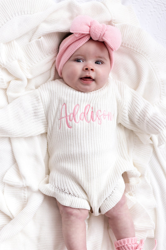 Spring White Personalised Embroidered Long Sleeve leg frill Romper