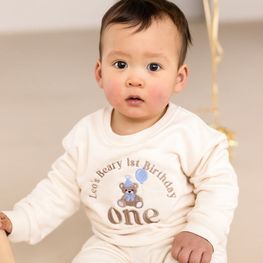 'Beary First Birthday One' Personalised Embroidered Bear First Birthday Sweatshirt - Choice of colours available