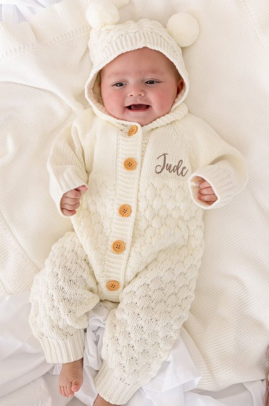 Cream Chunky Knit Personalised Embroidered Long Sleeve Pramsuit with Hood