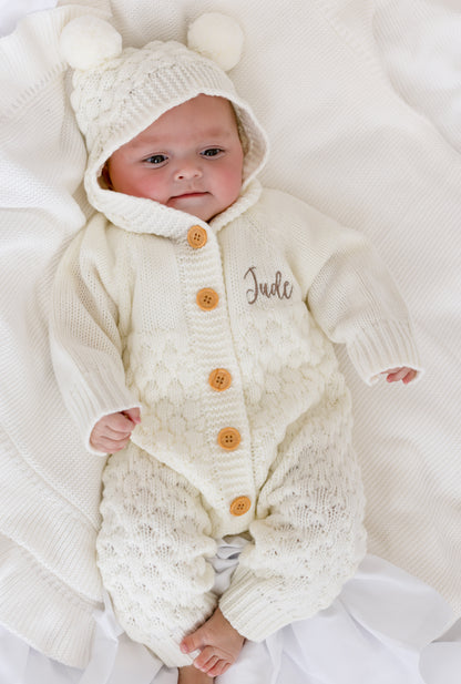 Cream Chunky Knit Personalised Embroidered Long Sleeve Pramsuit with Hood