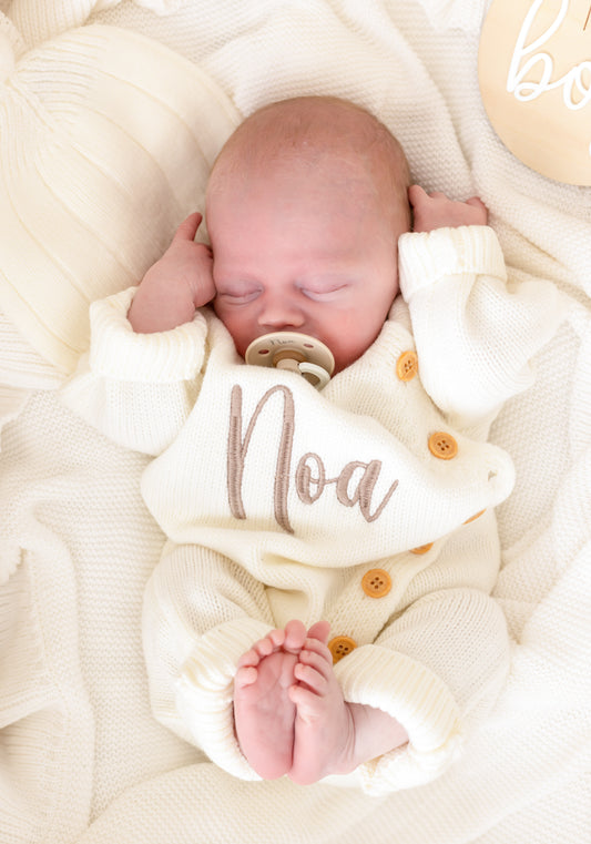 Cream Personalised Embroidered Long Sleeve Sleepsuit